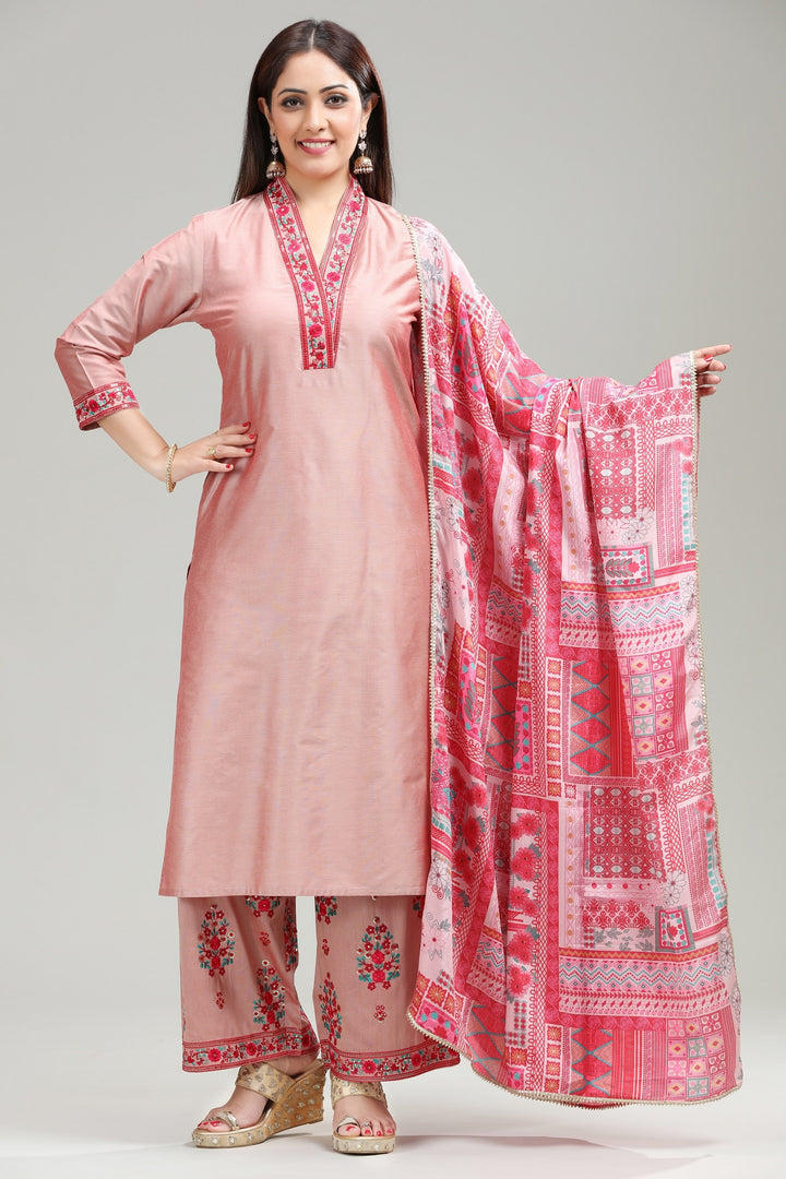 Baby Pink PolySilk A Line Embroidered Kurta Pant Suit Set