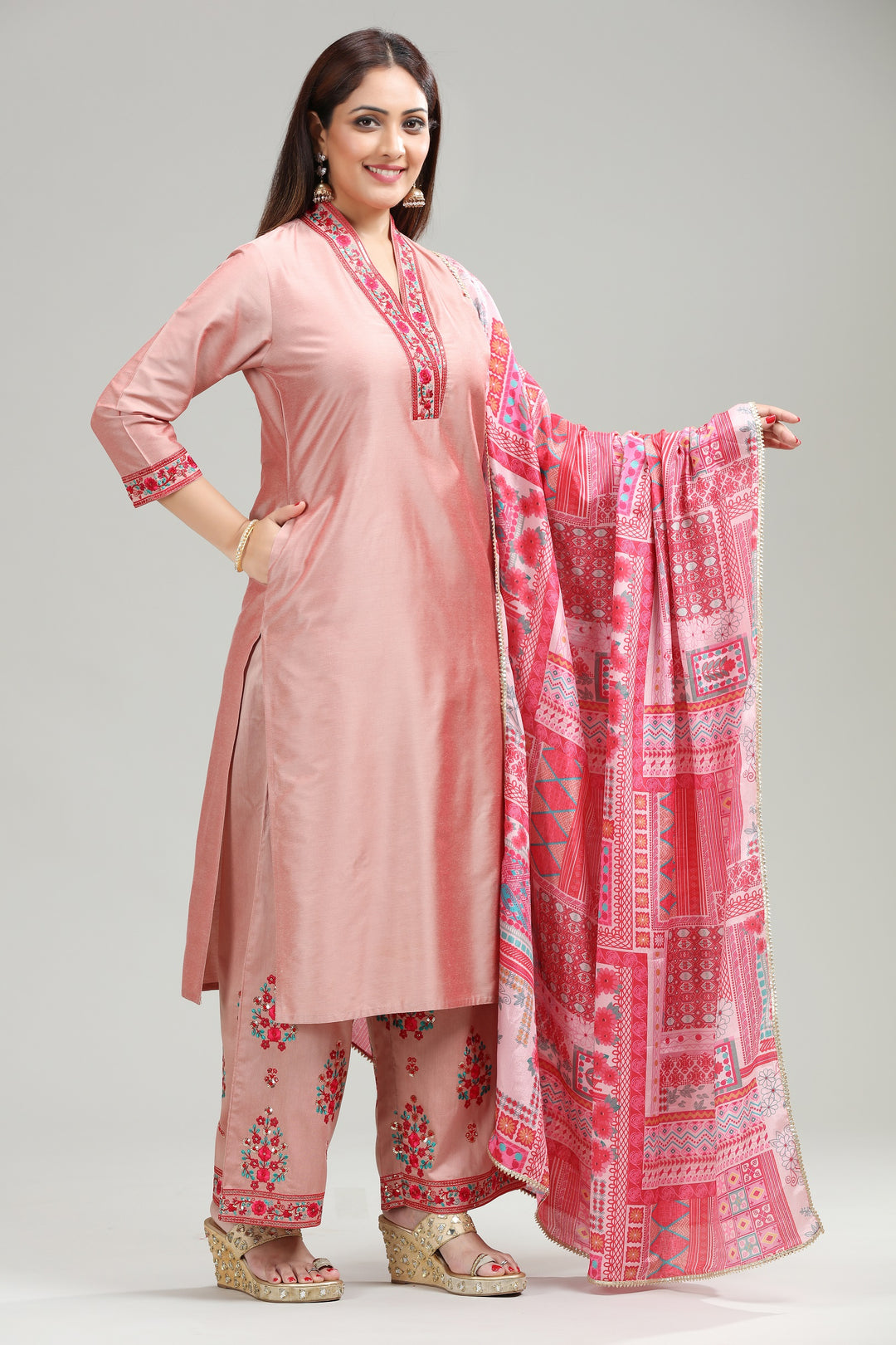 Baby Pink PolySilk A Line Embroidered Kurta Pant Suit Set