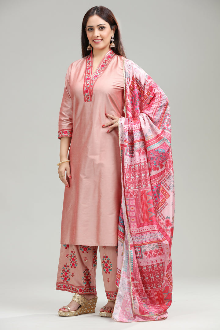 Baby Pink PolySilk A Line Embroidered Kurta Pant Suit Set