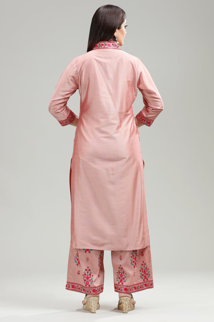 Baby Pink PolySilk A Line Embroidered Kurta Pant Suit Set