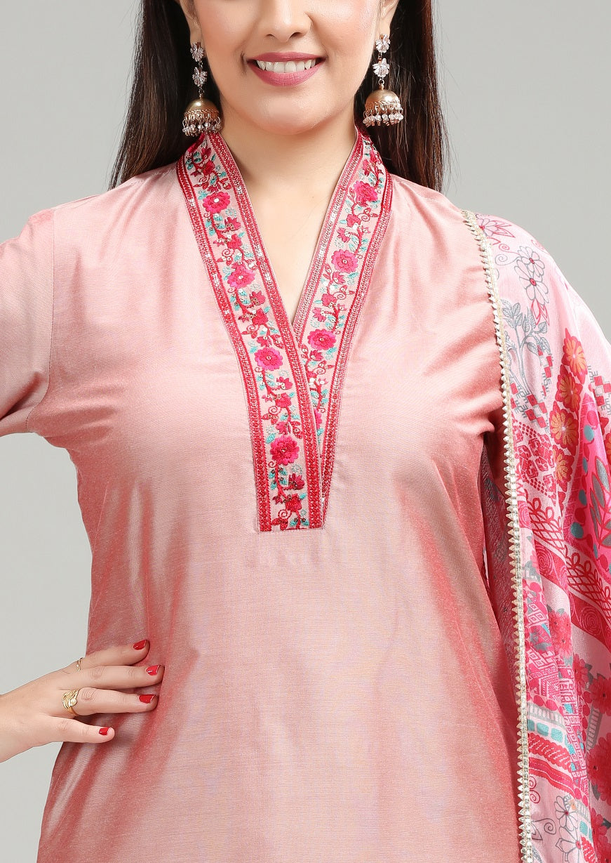 Baby Pink PolySilk A Line Embroidered Kurta Pant Suit Set