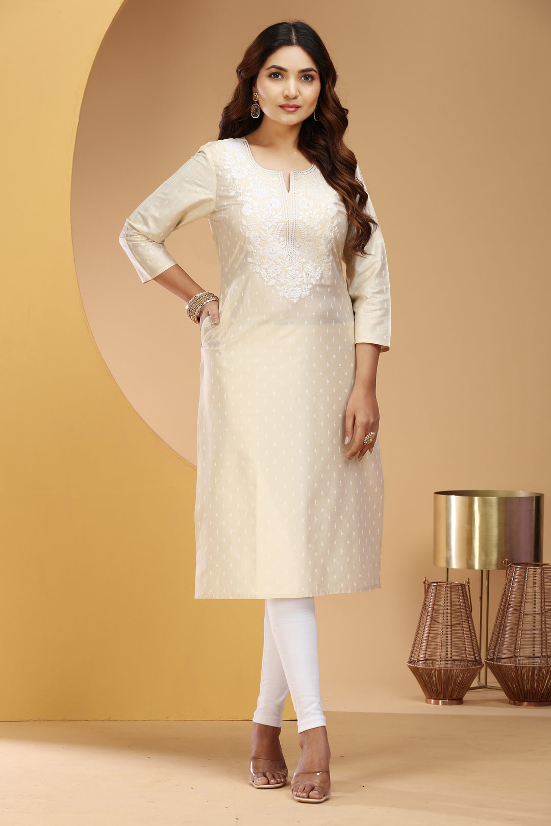 Off White PolySilk Straight Embroidered Kurta