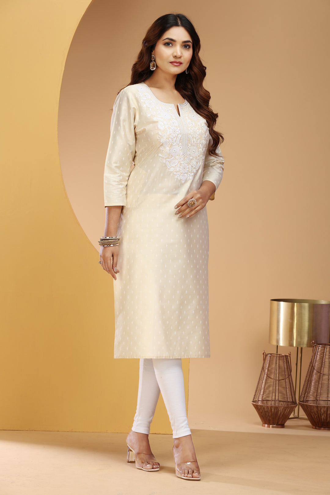 Off White PolySilk Straight Embroidered Kurta