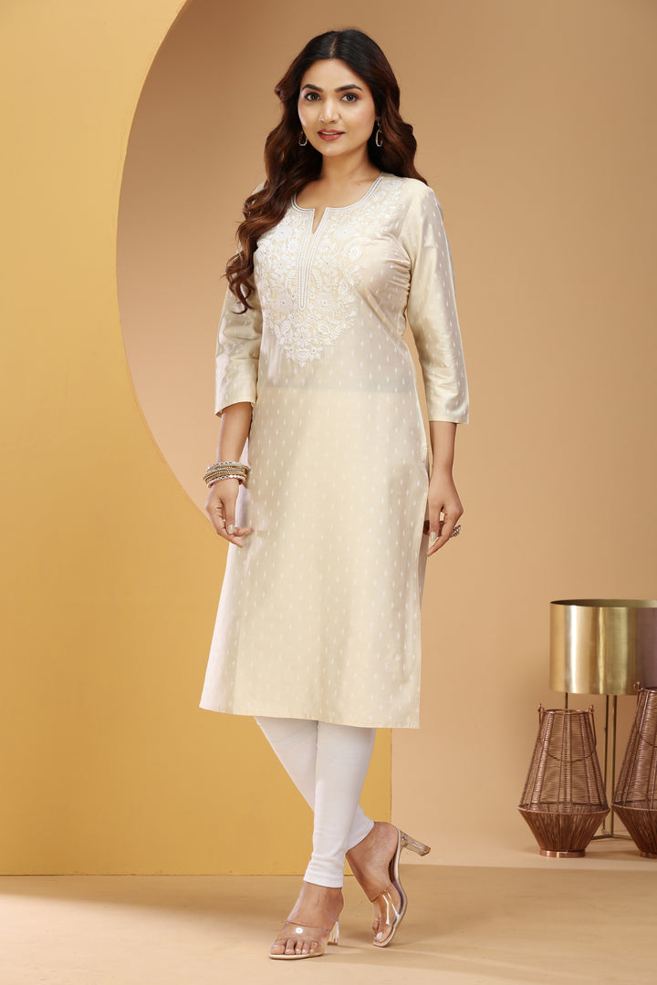 Off White PolySilk Straight Embroidered Kurta