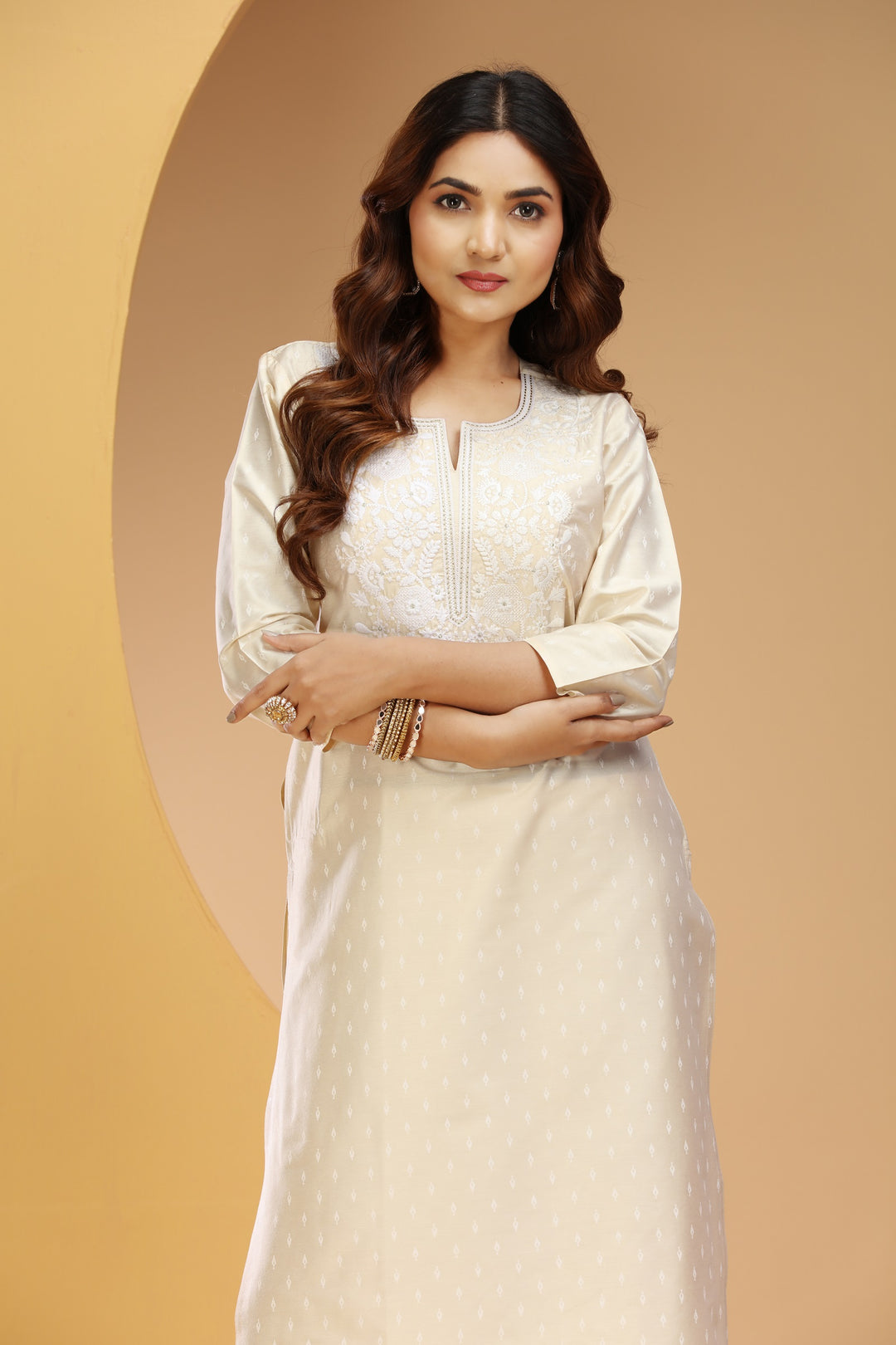 Off White PolySilk Straight Embroidered Kurta