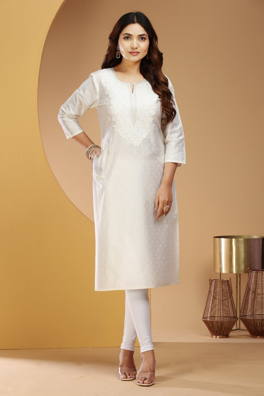 White PolySilk Straight Embroidered Kurta for women / girls