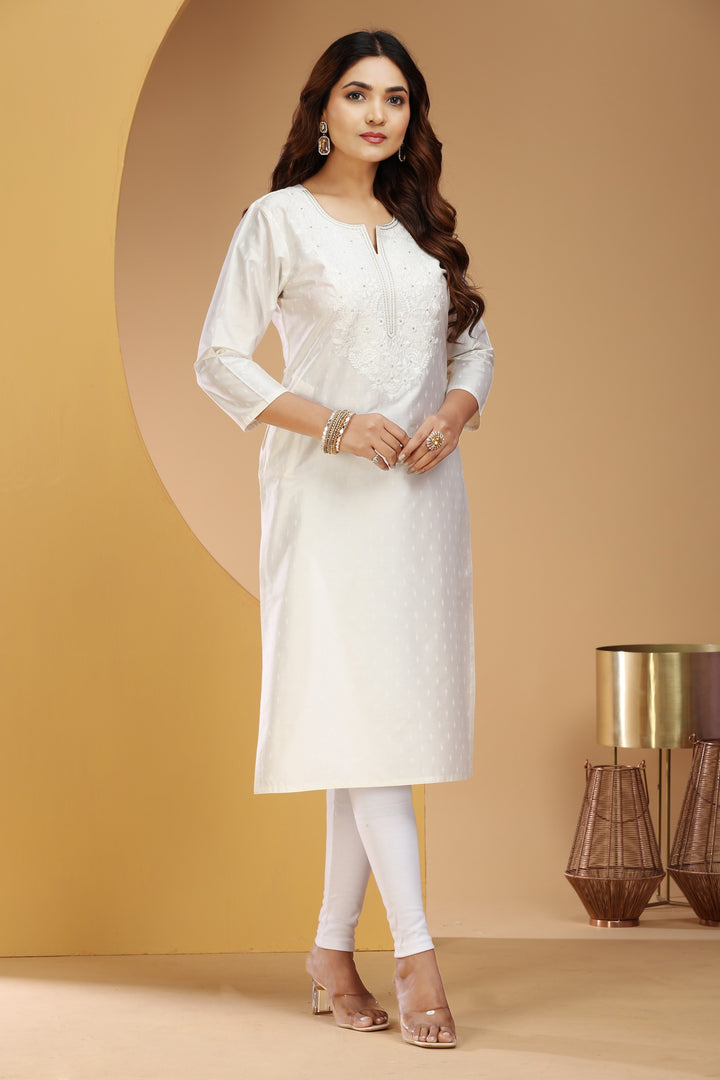 White PolySilk Straight Embroidered Kurta for women / girls