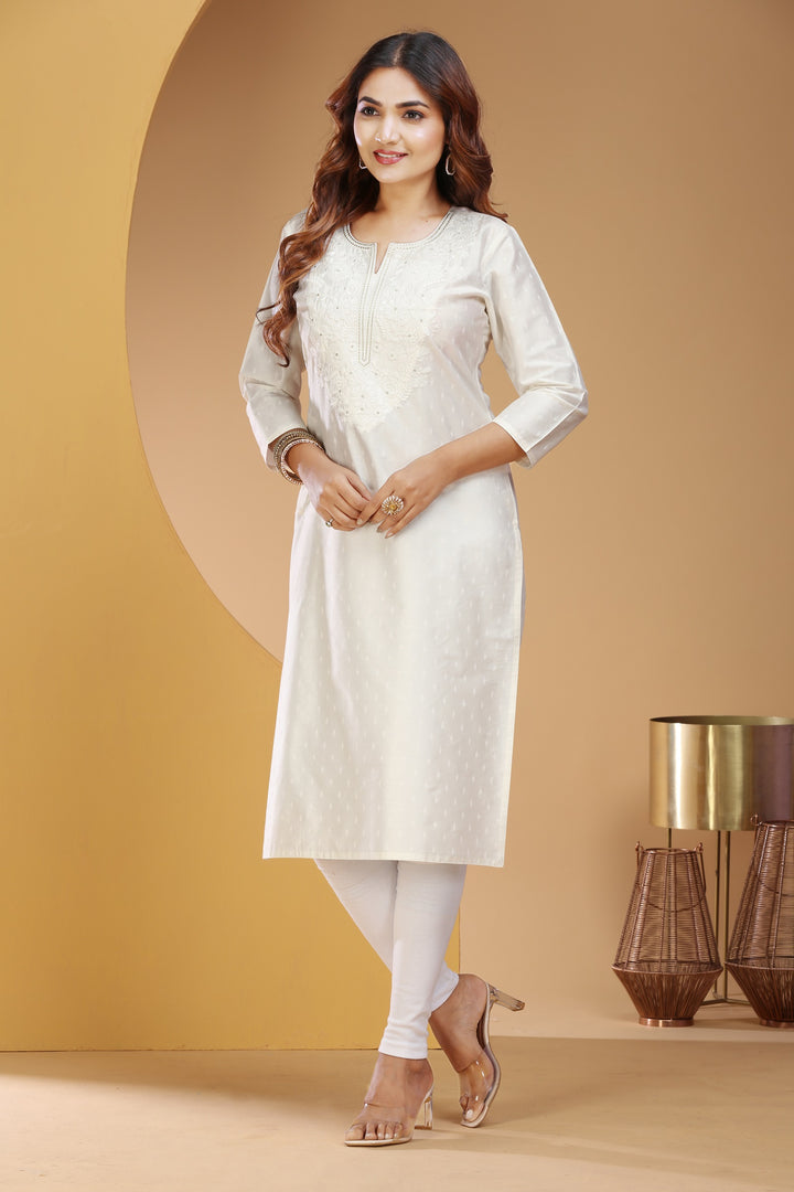 White PolySilk Straight Embroidered Kurta for women / girls