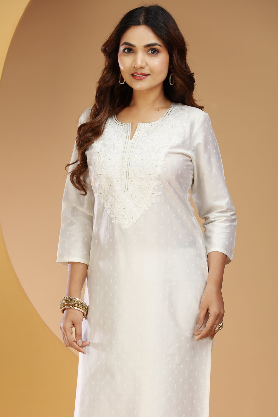 White PolySilk Straight Embroidered Kurta for women / girls