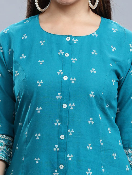 Turquoise Handloom Cotton A Line Yarndyed Kurta Pant Co ord Set for women