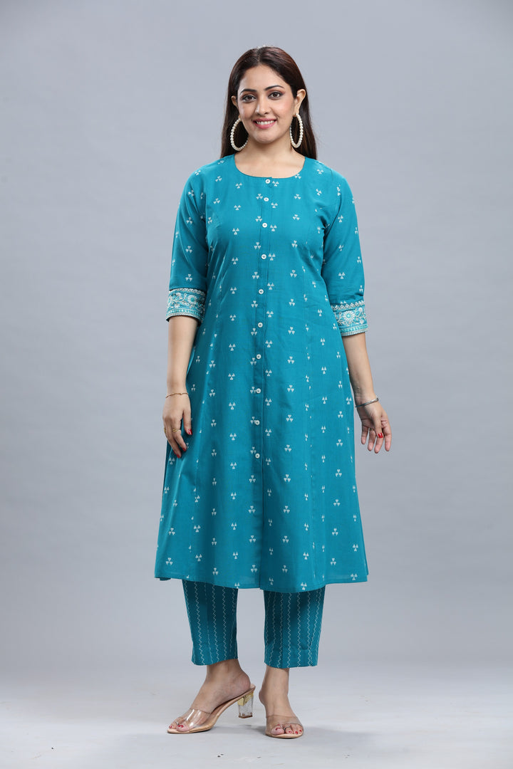 Turquoise Handloom Cotton A Line Yarndyed Kurta Pant Co ord Set for women