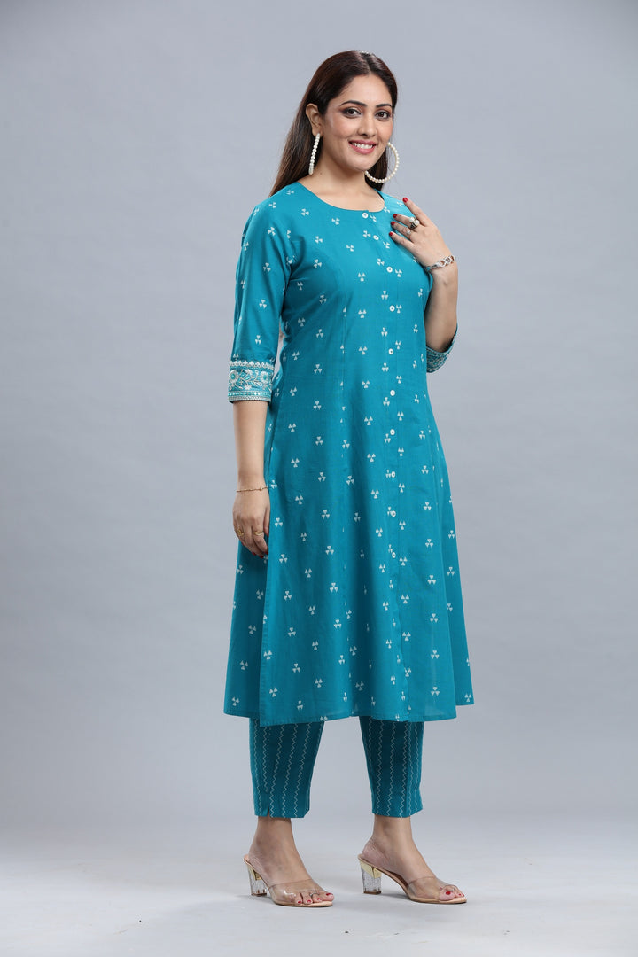 Turquoise Handloom Cotton A Line Yarndyed Kurta Pant Co ord Set for women