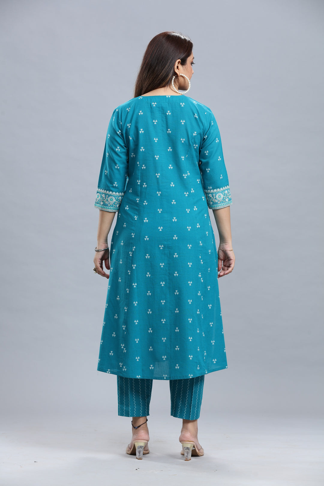 Turquoise Handloom Cotton A Line Yarndyed Kurta Pant Co ord Set for women