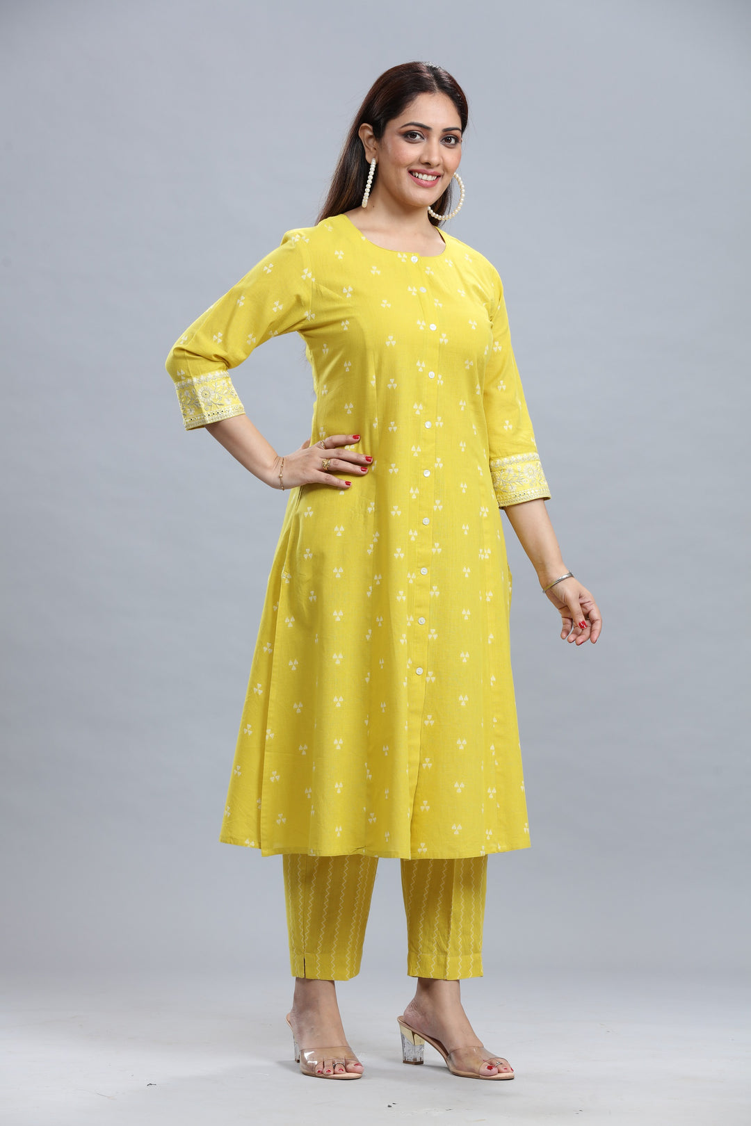 Yellow Handloom Cotton A Line Yarndyed Kurta Pant Co ord Set for women