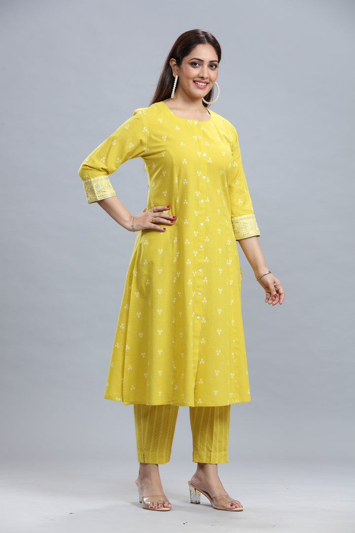 Yellow Handloom Cotton A Line Yarndyed Kurta Pant Co ord Set for women