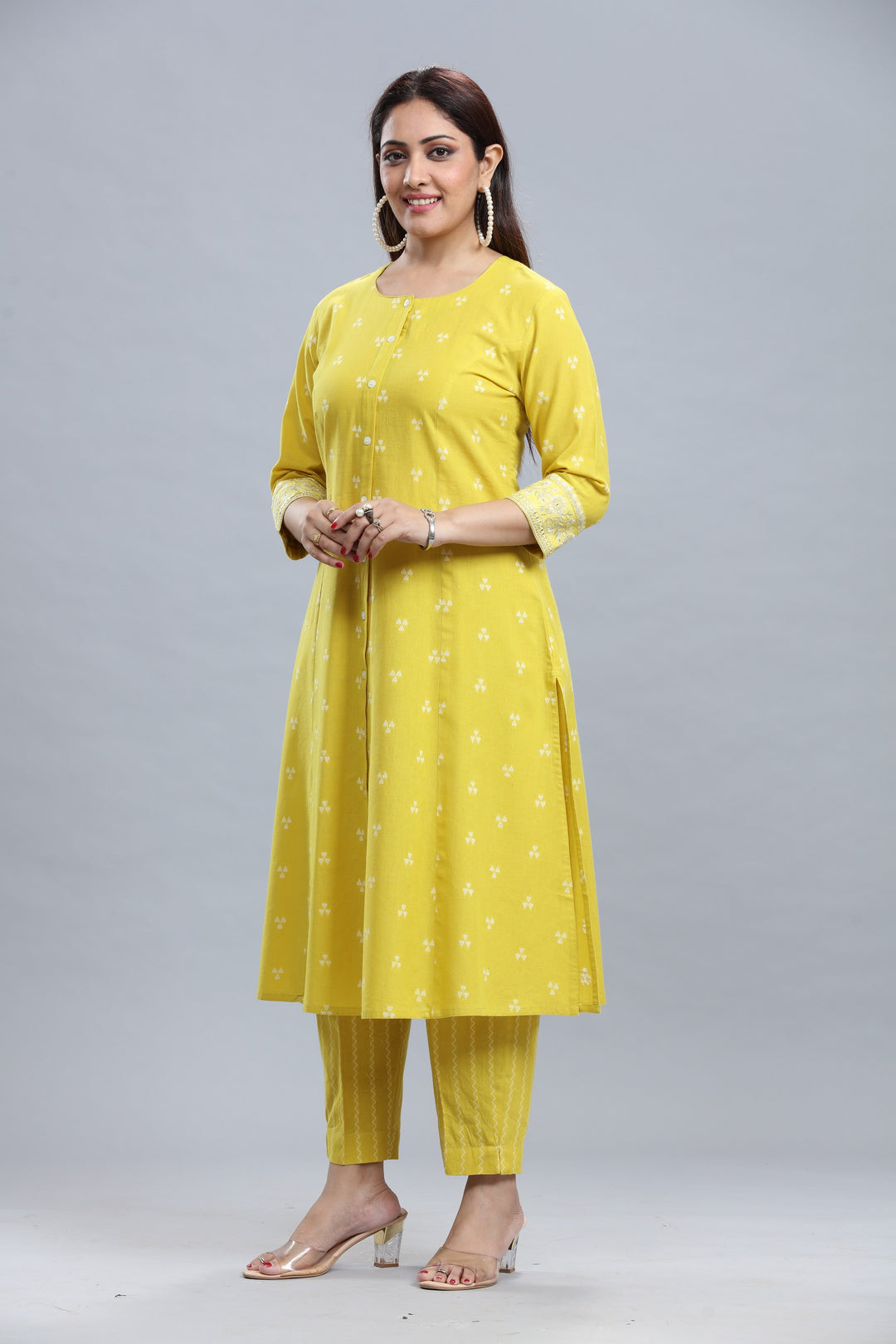 Yellow Handloom Cotton A Line Yarndyed Kurta Pant Co ord Set for women