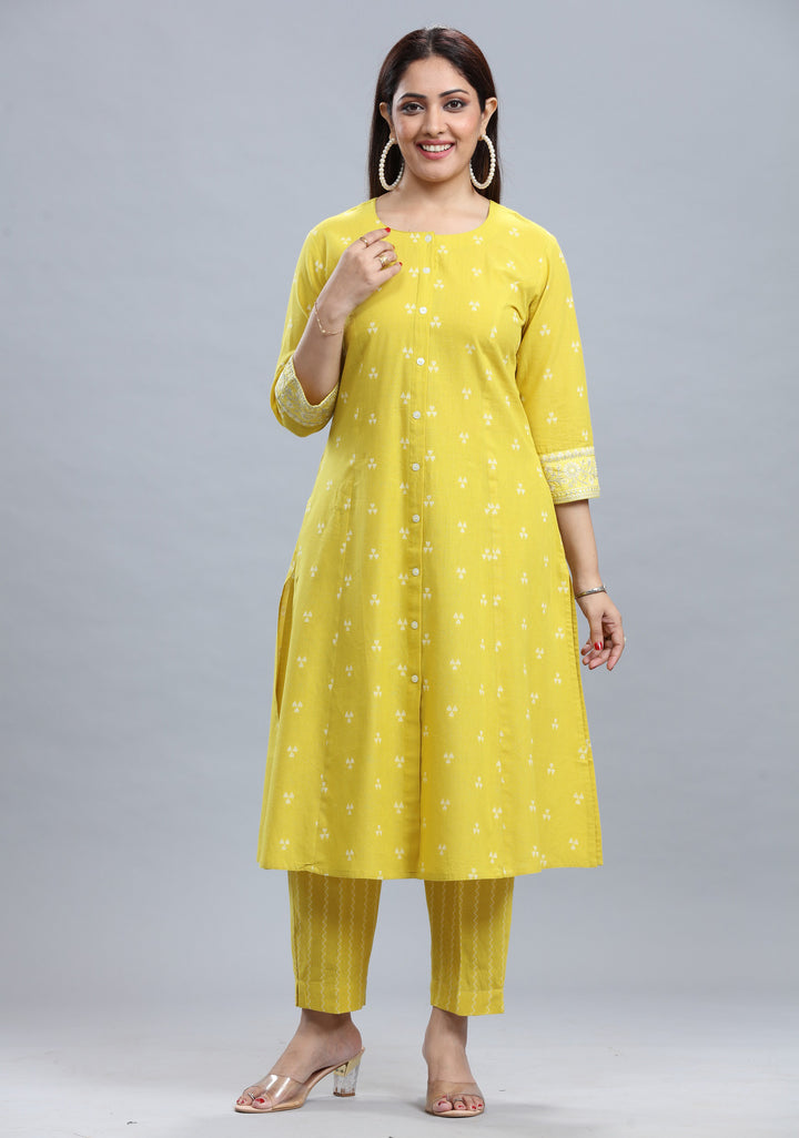 Yellow Handloom Cotton A Line Yarndyed Kurta Pant Co ord Set for women