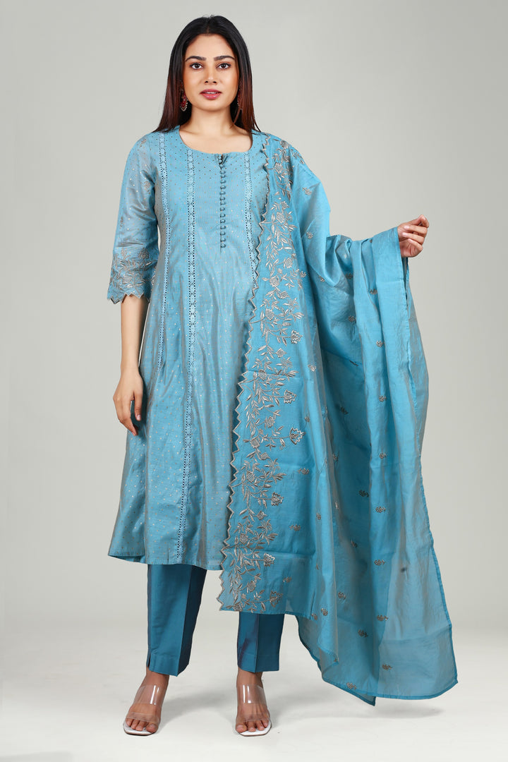 Light Blue Chanderi A Line Embroidered Kurta Pant Suit Set