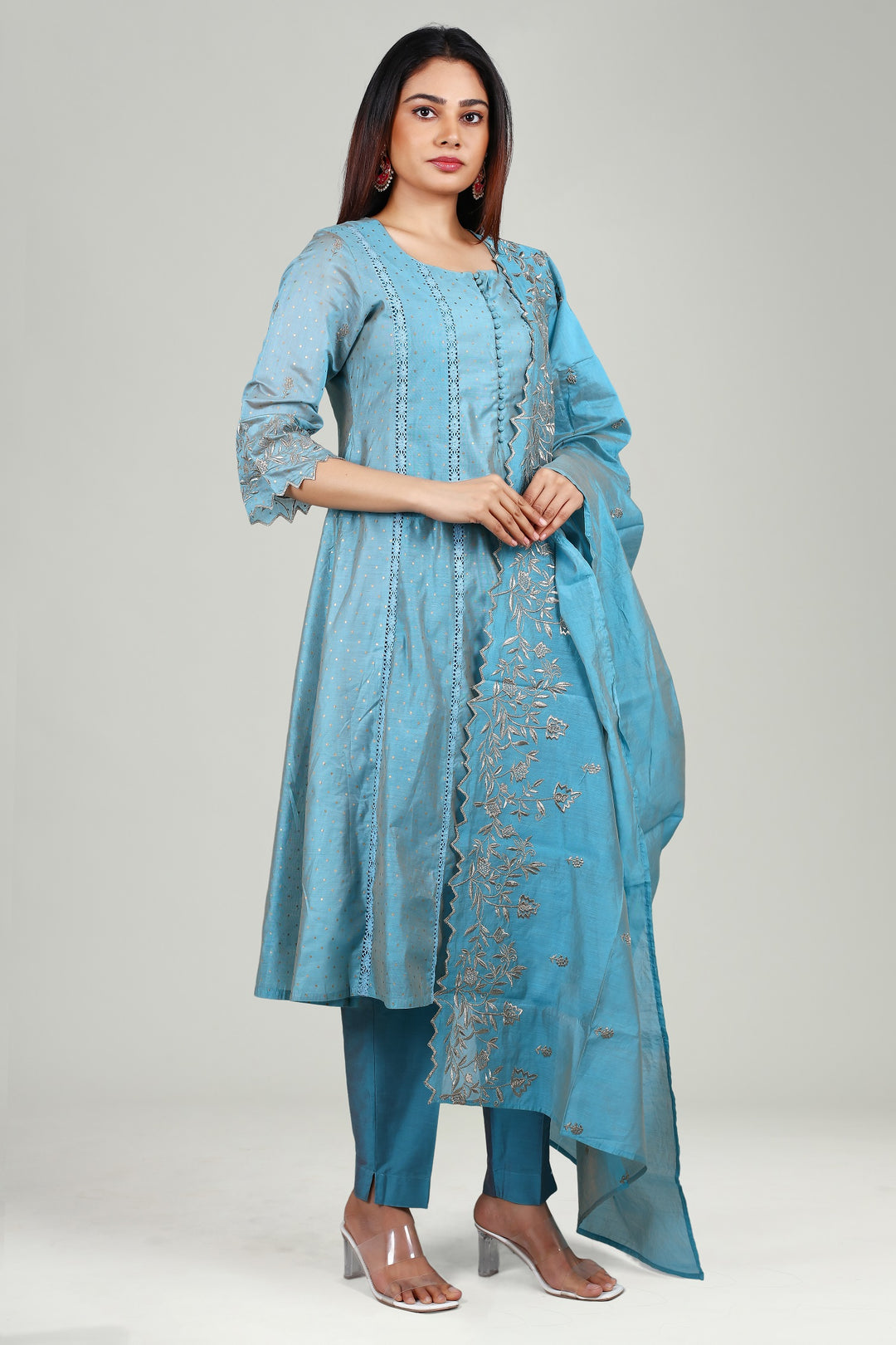 Light Blue Chanderi A Line Embroidered Kurta Pant Suit Set