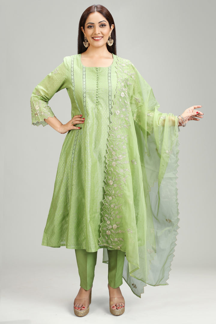 Light Green Chanderi A Line Embroidered Kurta Pant Suit Set for women