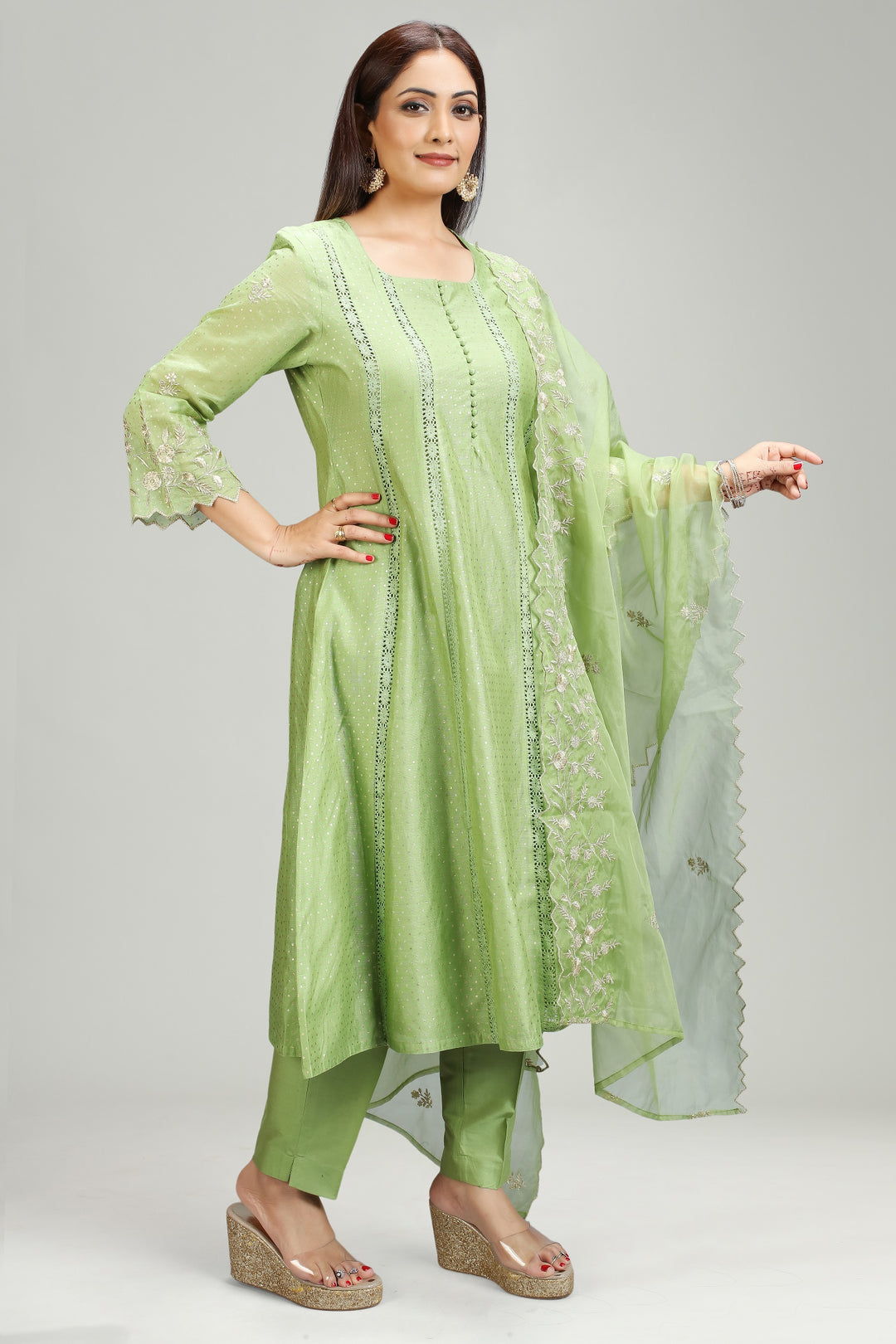 Light Green Chanderi A Line Embroidered Kurta Pant Suit Set for women