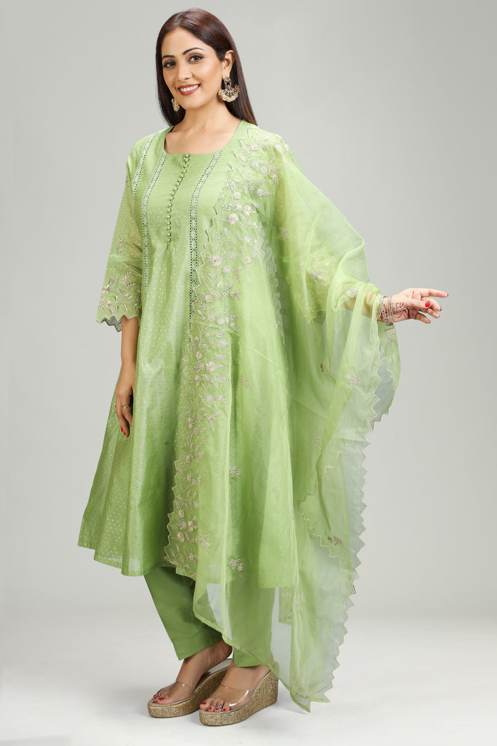 Light Green Chanderi A Line Embroidered Kurta Pant Suit Set for women