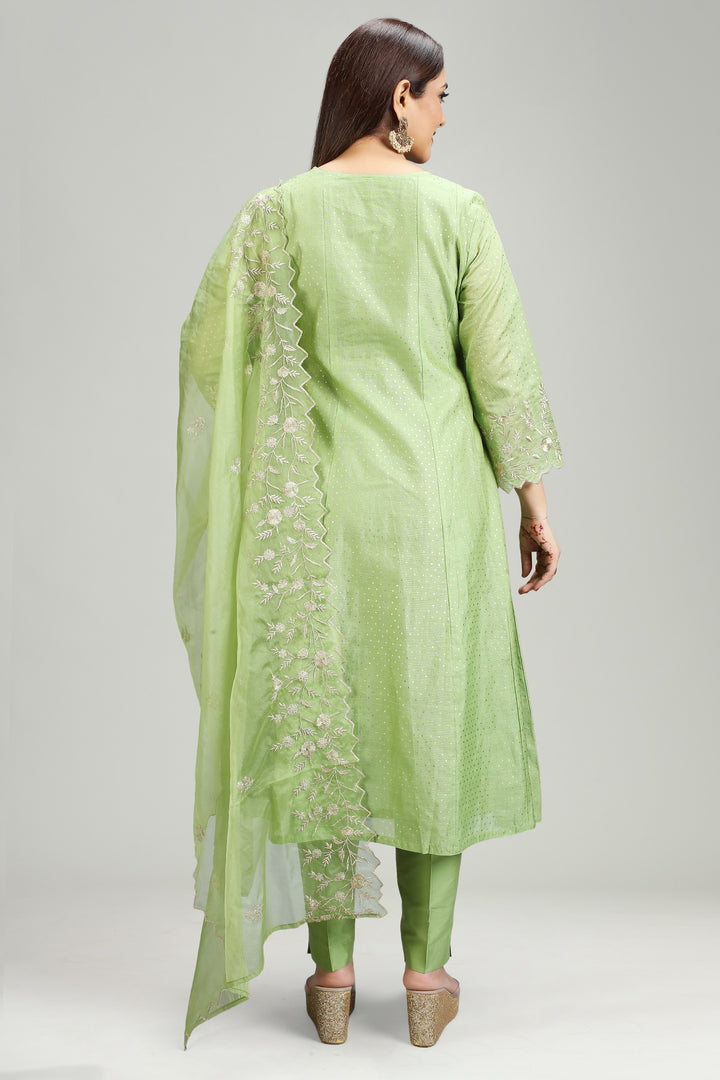 Light Green Chanderi A Line Embroidered Kurta Pant Suit Set for women