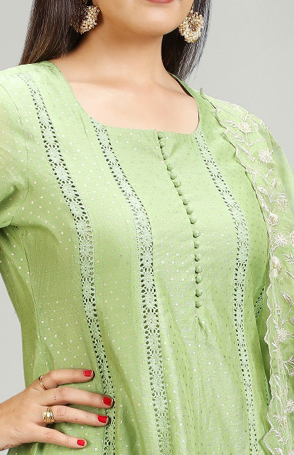 Light Green Chanderi A Line Embroidered Kurta Pant Suit Set