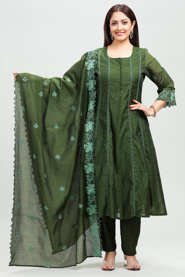 Green Chanderi A Line Embroidered Kurta Pant Suit Set