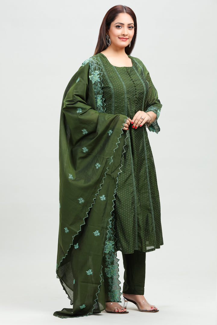 Green Chanderi A Line Embroidered Kurta Pant Suit Set