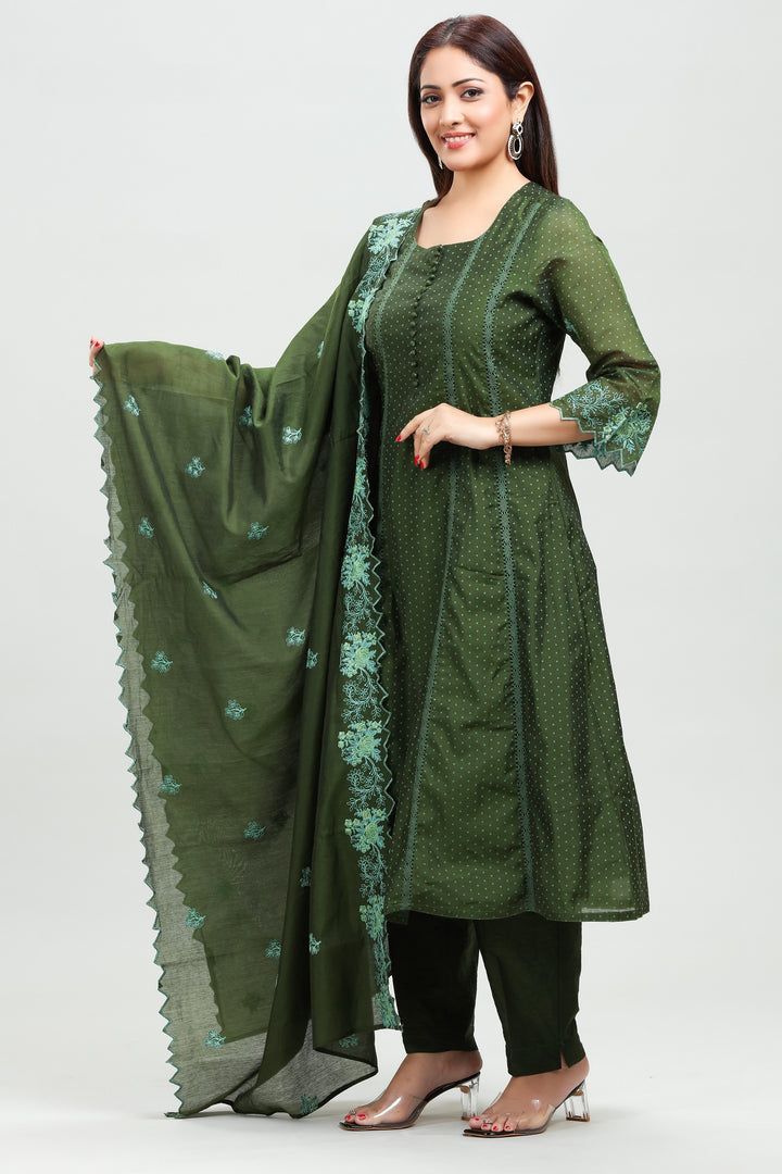 Green Chanderi A Line Embroidered Kurta Pant Suit Set