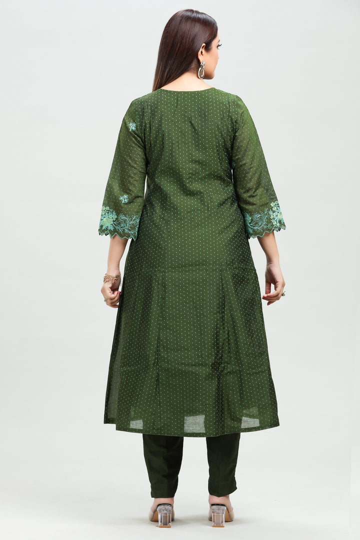 Green Chanderi A Line Embroidered Kurta Pant Suit Set