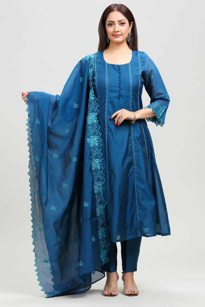 Royal Blue Chanderi A Line Printed Kurta Pant Suit Set for women