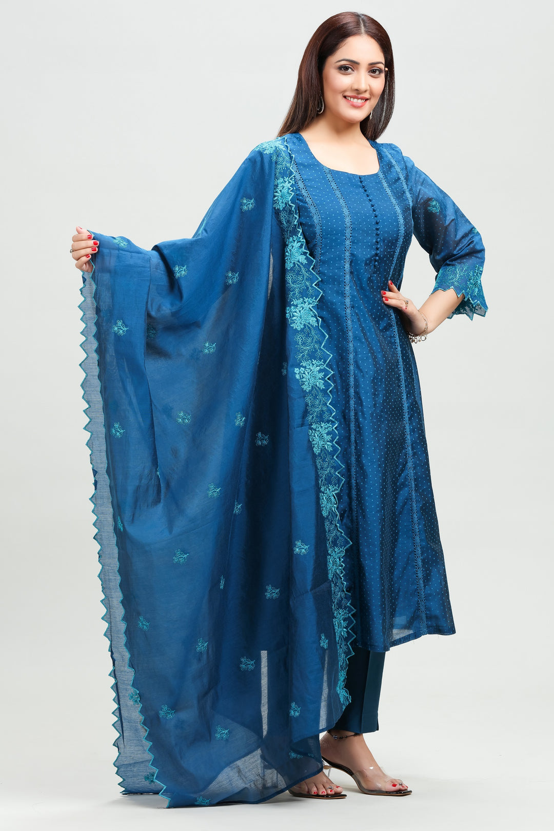 Royal Blue Chanderi A Line Printed Kurta Pant Suit Set for women