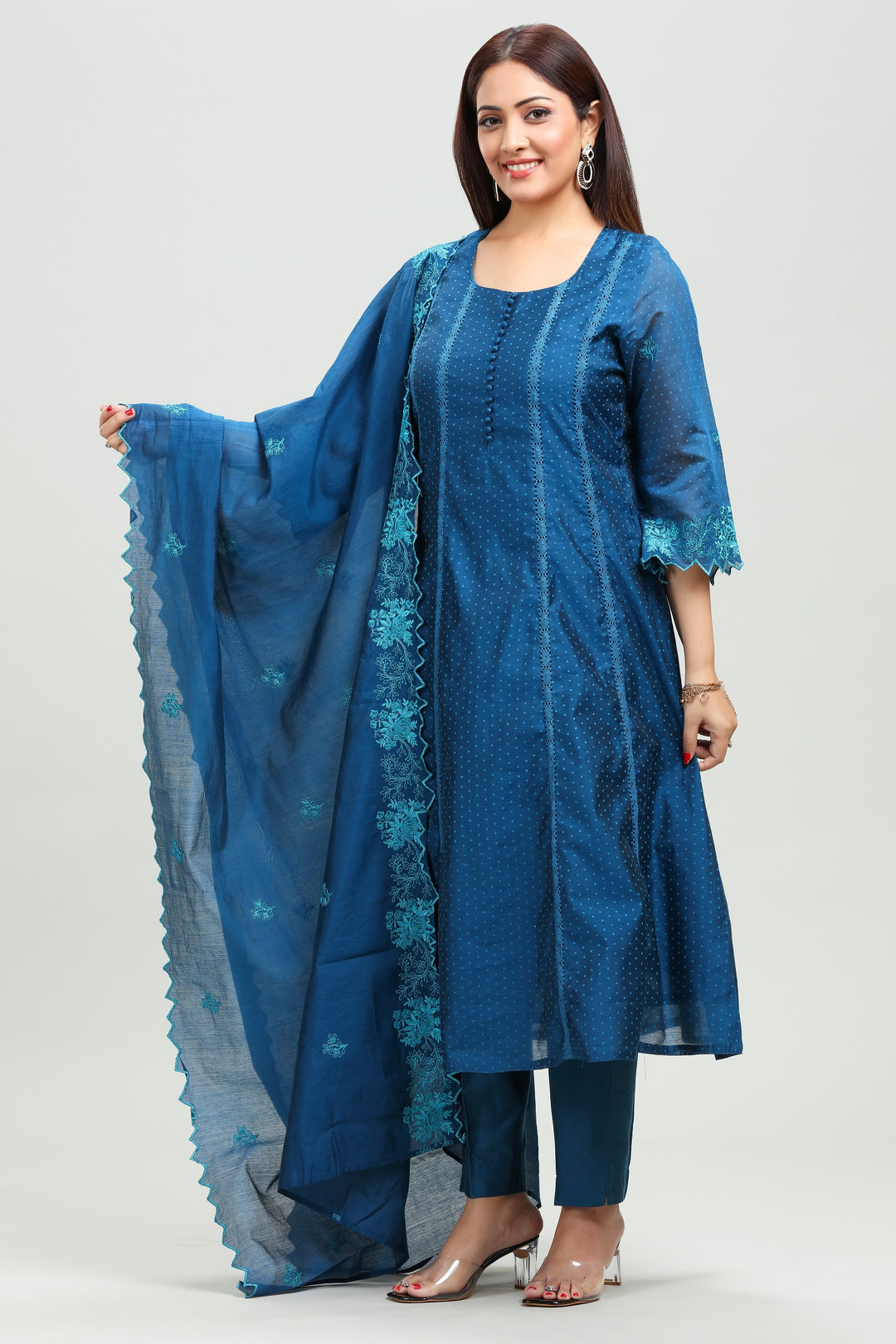 Royal Blue Chanderi A Line Printed Kurta Pant Suit Set