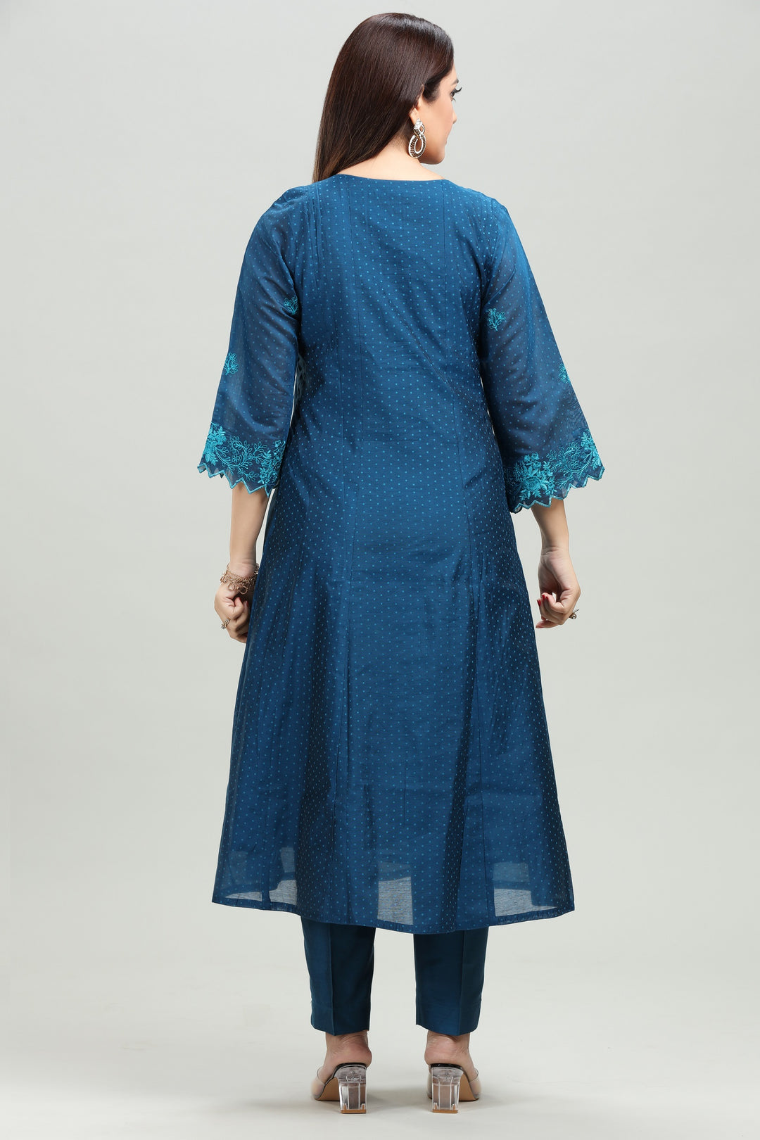 Royal Blue Chanderi A Line Printed Kurta Pant Suit Set