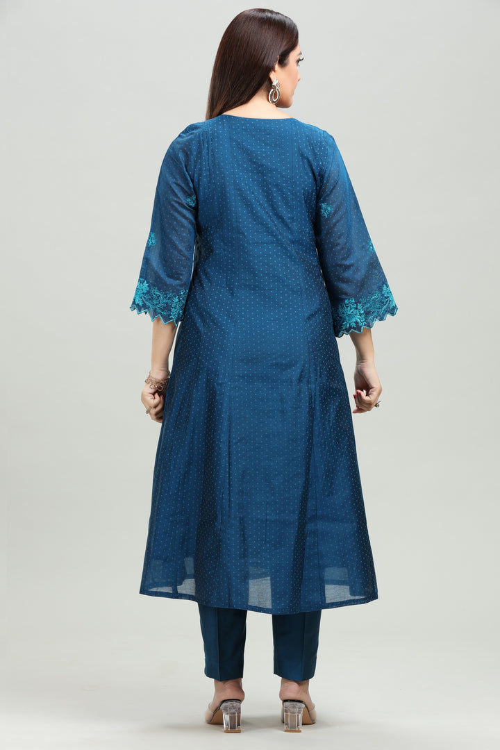 Royal Blue Chanderi A Line Printed Kurta Pant Suit Set for women