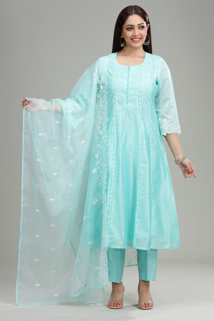 Sky Blue Chanderi Kalidar Embroidered Kurta Pant Suit Set