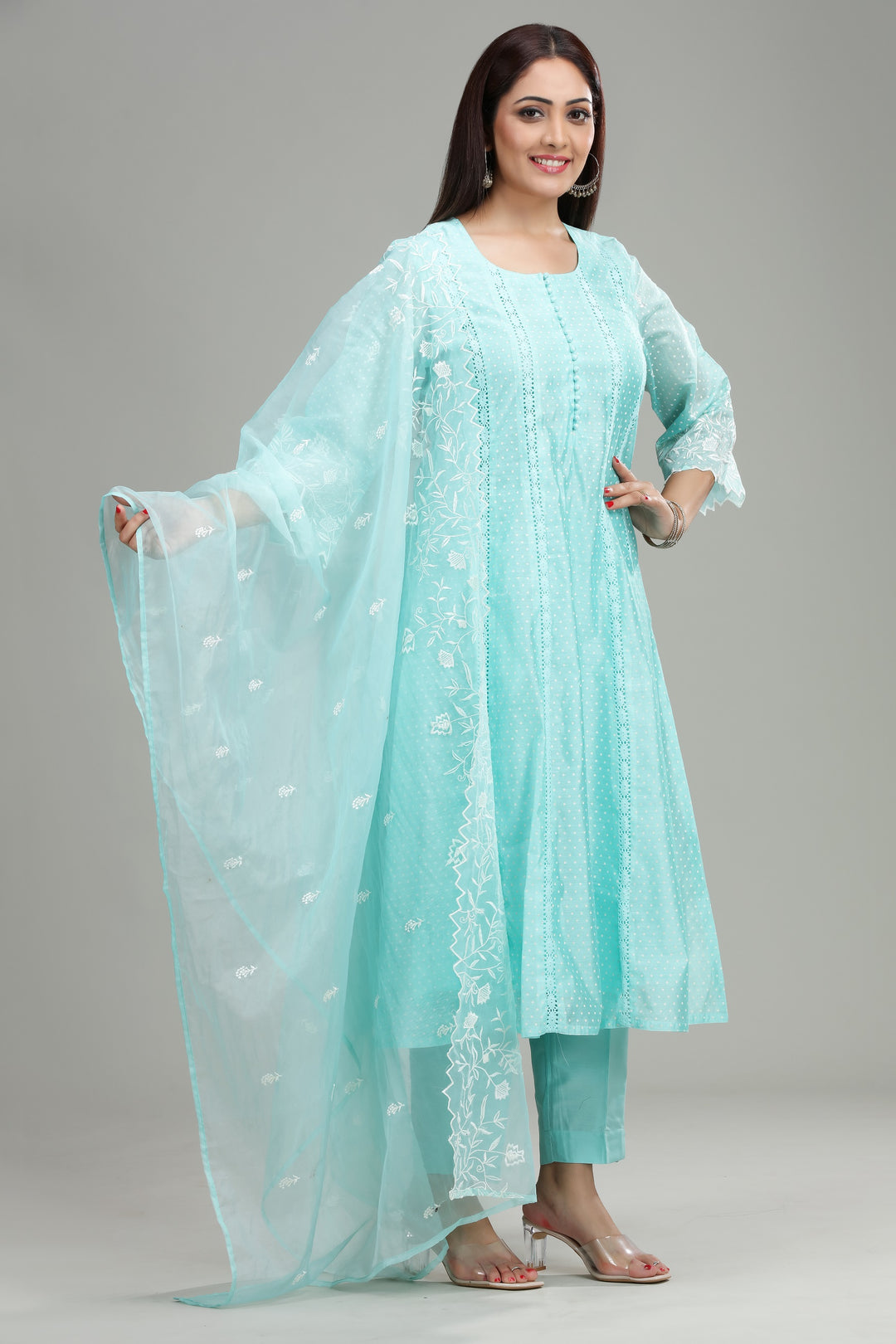 Sky Blue Chanderi Kalidar Embroidered Kurta Pant Suit Set