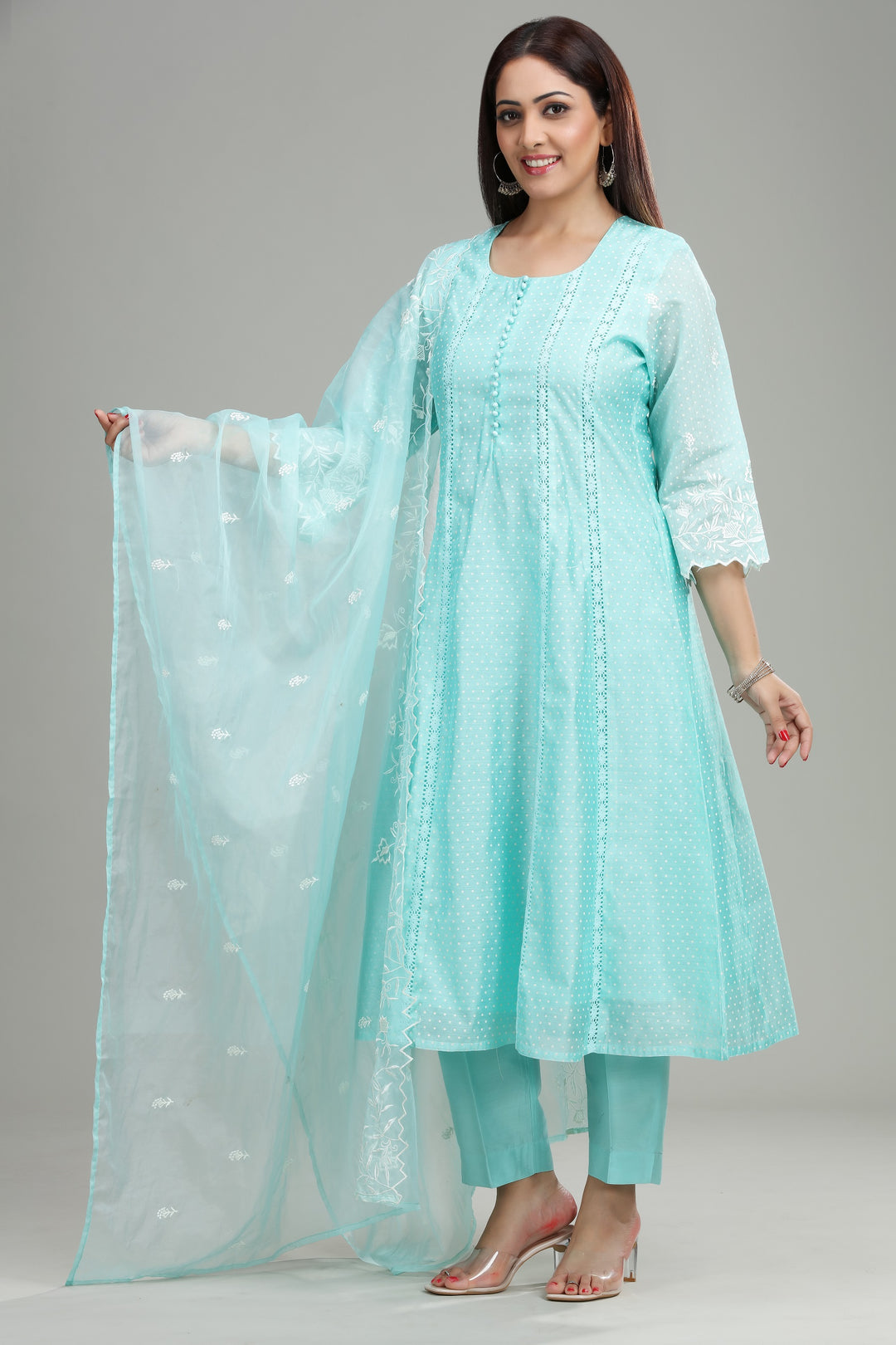 Sky Blue Chanderi Kalidar Embroidered Kurta Pant Suit Set