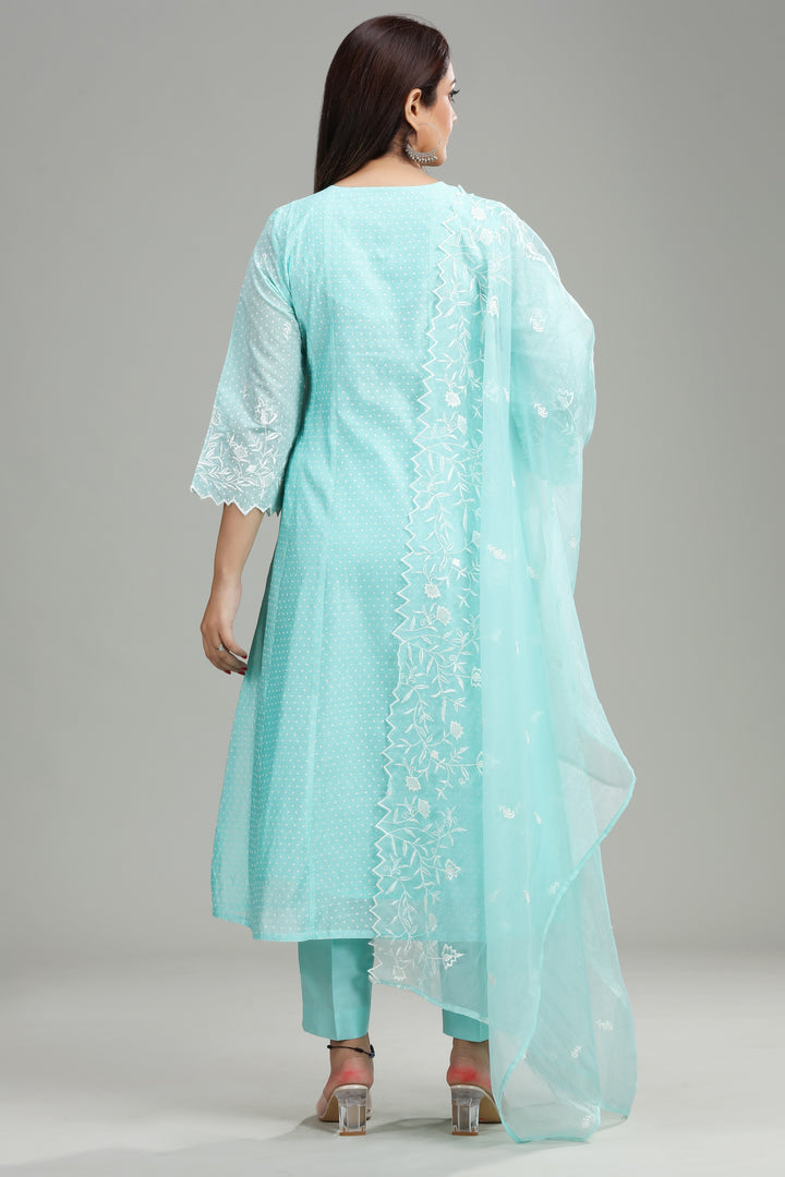 Sky Blue Chanderi Kalidar Embroidered Kurta Pant Suit Set