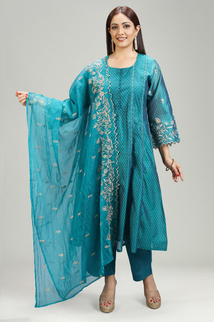 Teal Chanderi A Line Embroidered Kurta Pant Suit Set