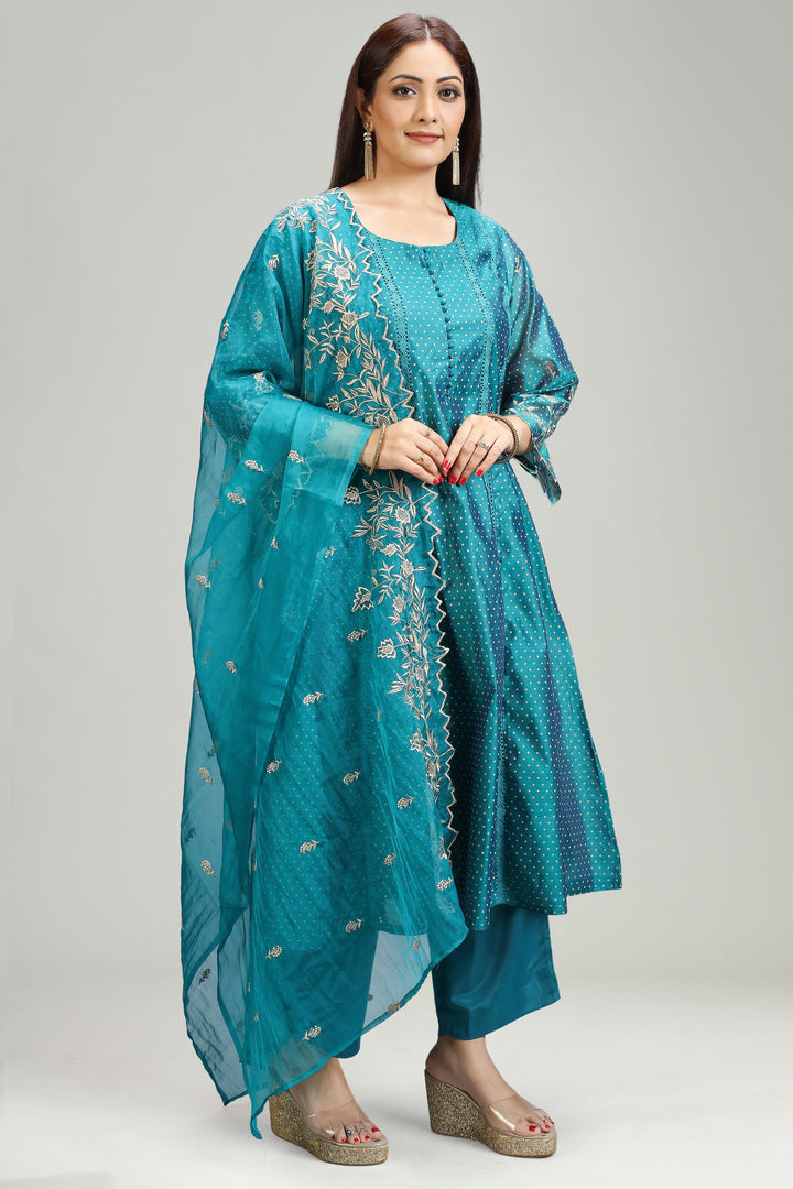 Teal Chanderi A Line Embroidered Kurta Pant Suit Set