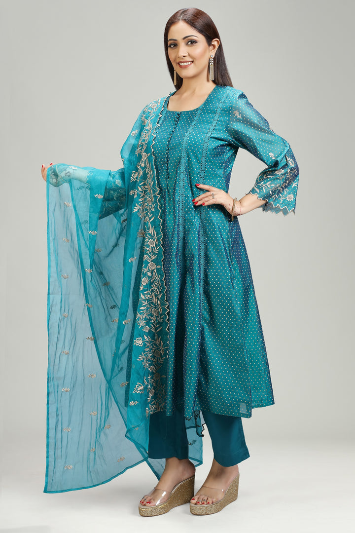 Teal Chanderi A Line Embroidered Kurta Pant Suit Set