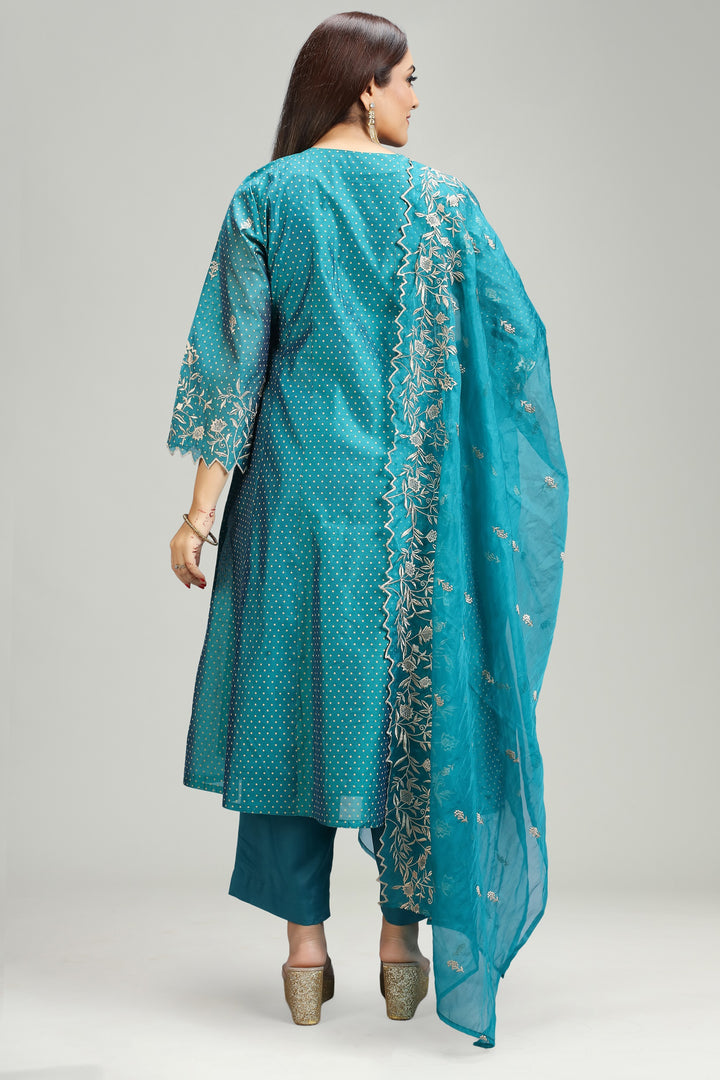 Teal Chanderi A Line Embroidered Kurta Pant Suit Set