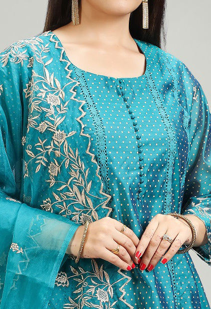 Teal Chanderi A Line Embroidered Kurta Pant Suit Set