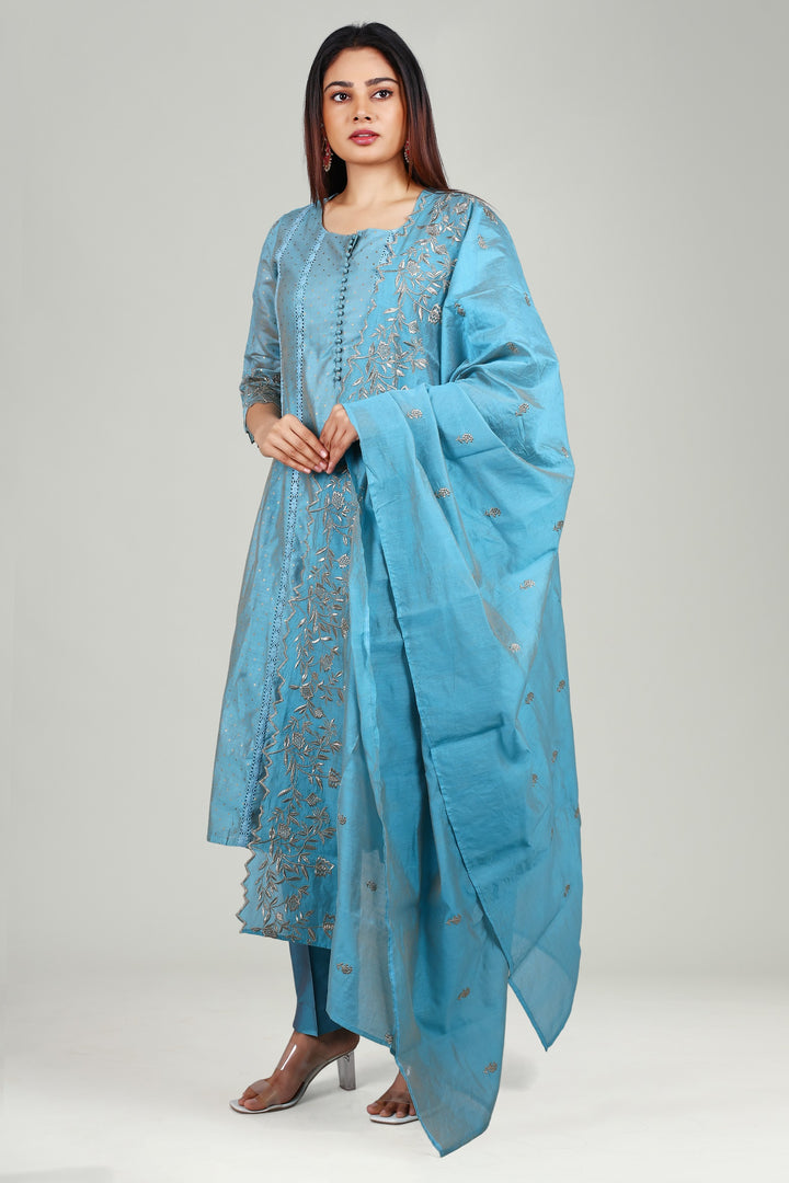 Light Blue Chanderi A Line Embroidered Kurta Pant Suit Set