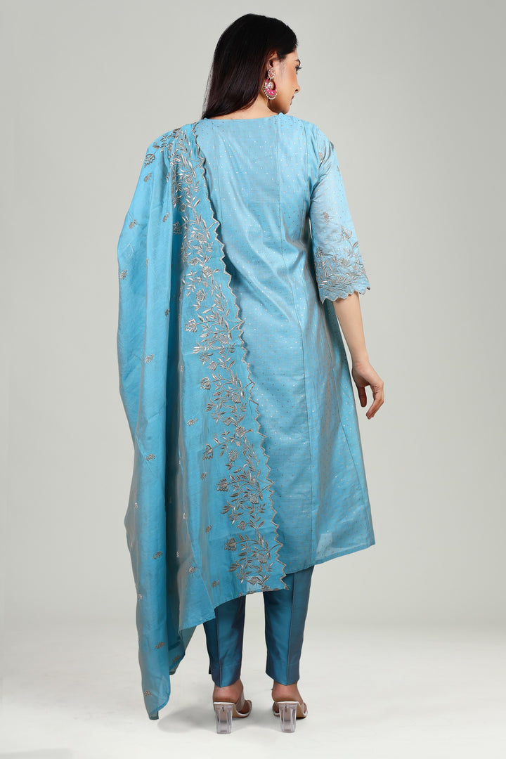 Light Blue Chanderi A Line Embroidered Kurta Pant Suit Set