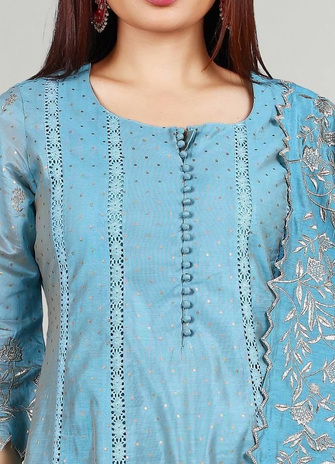 Light Blue Chanderi A Line Embroidered Kurta Pant Suit Set