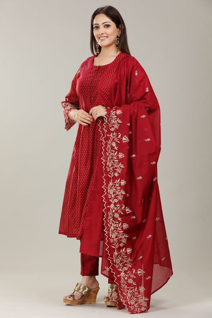 Maroon Chanderi A line Embroidered Kurta Pant Suit Set